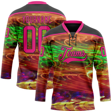 Custom Black Hot Pink Yellow-Green 3D Pattern Trippy Psychedelic Hockey Lace Neck Jersey