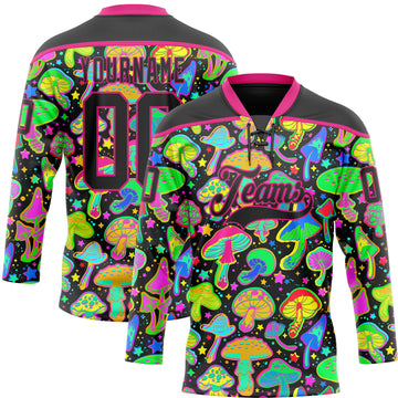 Custom Black Hot Pink 3D Pattern Trippy Psychedelic Magic Mushrooms Hockey Lace Neck Jersey