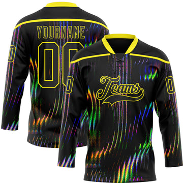 Custom Black Light Yellow 3D Pattern Trippy Psychedelic Fluid Hockey Lace Neck Jersey