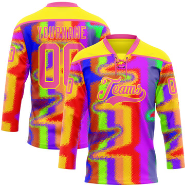 Custom Light Yellow Pink Purple Red-Green 3D Pattern Trippy Psychedelic Neon Splash Hockey Lace Neck Jersey