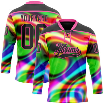 Custom Black Pink Yellow Green-Blue 3D Pattern Trippy Psychedelic Neon Trendy Holographic Vaporwave Style Hockey Lace Neck Jersey