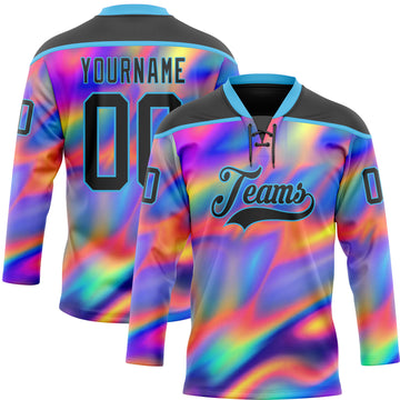 Custom Black Sky Blue Yellow-Green 3D Pattern Trippy Psychedelic Neon Trendy Holographic Vaporwave Style Hockey Lace Neck Jersey