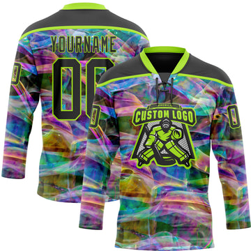 Custom Black Neon Green 3D Pattern Trippy Psychedelic Trendy Holographic Vaporwave Style Hockey Lace Neck Jersey
