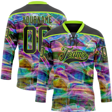 Custom Black Neon Green 3D Pattern Trippy Psychedelic Trendy Holographic Vaporwave Style Hockey Lace Neck Jersey