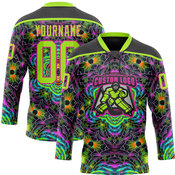 Custom Black Neon Green-Hot Pink 3D Pattern Trippy Psychedelic Geometric Hockey Lace Neck Jersey