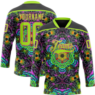 Custom Black Neon Green-Hot Pink 3D Pattern Trippy Psychedelic Geometric Hockey Lace Neck Jersey