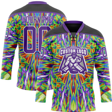 Custom Black Purple Green Orange-White 3D Pattern Trippy Psychedelic Geometric Hockey Lace Neck Jersey