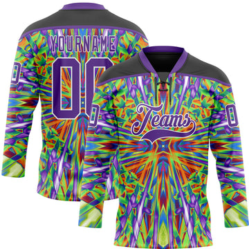 Custom Black Purple Green Orange-White 3D Pattern Trippy Psychedelic Geometric Hockey Lace Neck Jersey
