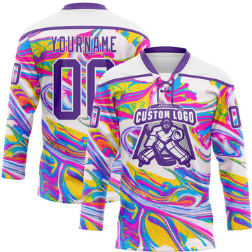 Custom White Purple Yellow Pink-Blue 3D Pattern Trippy Psychedelic Fluid Hockey Lace Neck Jersey