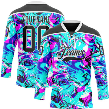 Custom Blue Black Deep Pink-White 3D Pattern Trippy Psychedelic Fluid Hockey Lace Neck Jersey