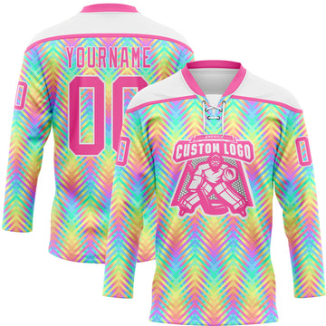Custom White Pink Green Yellow-Purple 3D Pattern Trippy Psychedelic Neon Hockey Lace Neck Jersey