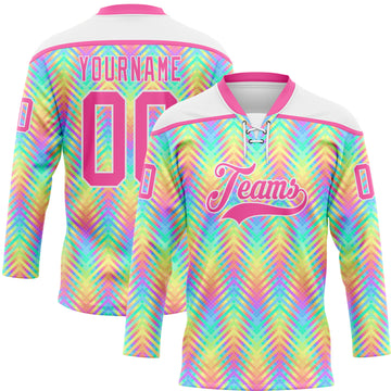 Custom White Pink Green Yellow-Purple 3D Pattern Trippy Psychedelic Neon Hockey Lace Neck Jersey
