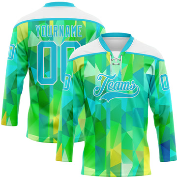 Custom Green Lakes Blue-White 3D Pattern Trippy Psychedelic Geometric Hockey Lace Neck Jersey