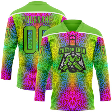 Custom Aurora Green Pink Black-White 3D Pattern Leopard Print Neon Hockey Lace Neck Jersey