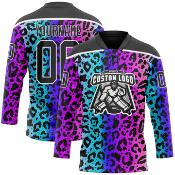 Custom Pink Black Blue-White 3D Pattern Leopard Print Neon Hockey Lace Neck Jersey