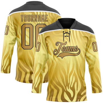 Custom Yellow Old Gold Black-White 3D Pattern Zebra Print Hockey Lace Neck Jersey