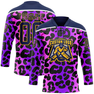 Custom Purple Navy Pink-Gold 3D Pattern Leopard Print Neon Hockey Lace Neck Jersey
