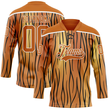 Custom Texas Orange Black-White 3D Pattern Tiger Print Hockey Lace Neck Jersey