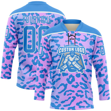 Custom Pink Powder Blue-White 3D Pattern Leopard Print Neon Hockey Lace Neck Jersey