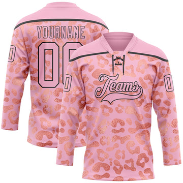 Custom Light Pink Black 3D Pattern Leopard Print Neon Hockey Lace Neck Jersey