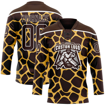 Custom Brown White 3D Pattern Giraffe Print Neon Hockey Lace Neck Jersey