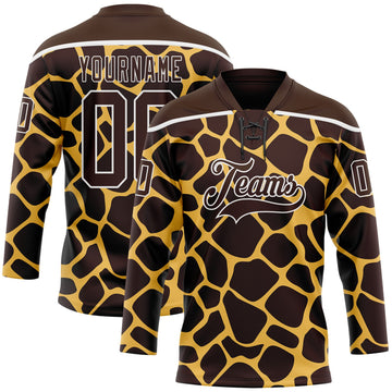 Custom Brown White 3D Pattern Giraffe Print Neon Hockey Lace Neck Jersey