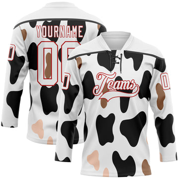 Custom White Black-Red 3D Pattern Cow Print Neon Hockey Lace Neck Jersey