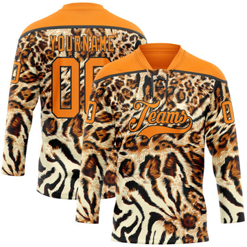 Custom Cream Bay Orange-Black 3D Pattern Leopard Print Neon Hockey Lace Neck Jersey