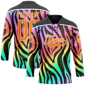 Custom Black Bay Orange Purple Pink Green-White 3D Pattern Zebra Print Neon Hockey Lace Neck Jersey