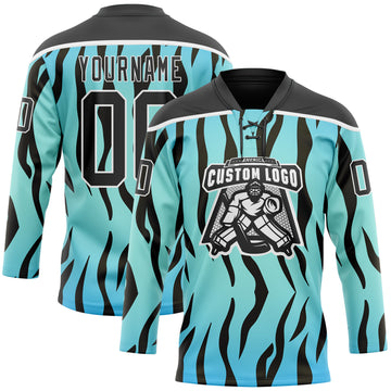 Custom Blue Black-White 3D Pattern Tiger Print Hockey Lace Neck Jersey