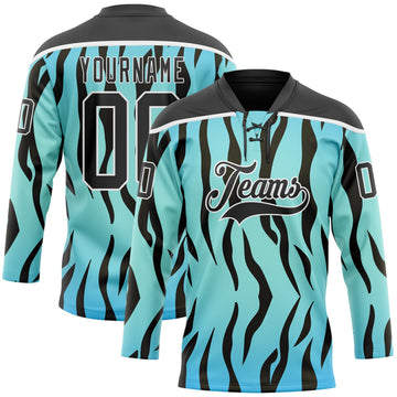 Custom Blue Black-White 3D Pattern Tiger Print Hockey Lace Neck Jersey