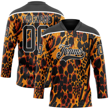 Custom Orange Black-White 3D Pattern Leopard Print Hockey Lace Neck Jersey