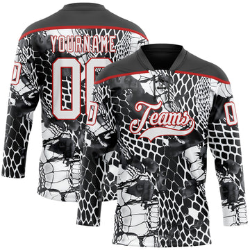 Custom Black White-Red 3D Pattern Snake Skin Print Hockey Lace Neck Jersey