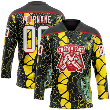 Custom Black White Yellow-Red 3D Pattern Snake Skin Print Hockey Lace Neck Jersey