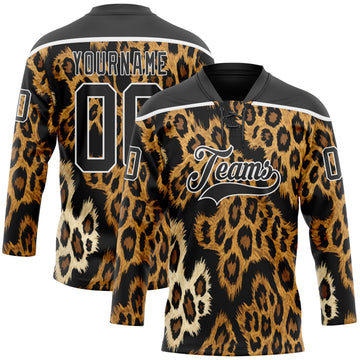Custom Black Brown Cream-White 3D Pattern Leopard Print Hockey Lace Neck Jersey