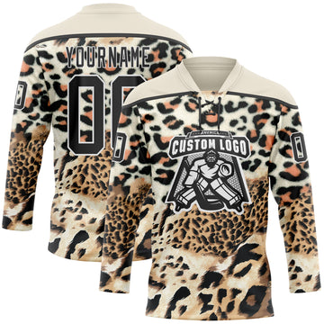 Custom Cream Black Brown-White 3D Pattern Leopard Print Hockey Lace Neck Jersey