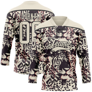 Custom Cream Black-Pink 3D Pattern Tiger Print Hockey Lace Neck Jersey