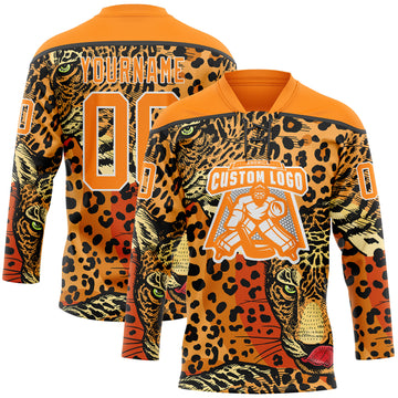 Custom Bay Orange Black-White 3D Pattern Leopard Print Hockey Lace Neck Jersey