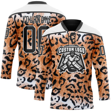 Custom Brown Black-White 3D Pattern Leopard Print Hockey Lace Neck Jersey