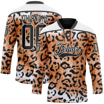 Custom Brown Black-White 3D Pattern Leopard Print Hockey Lace Neck Jersey