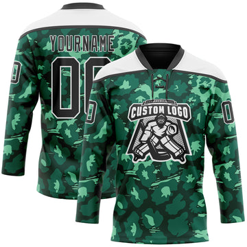Custom Green Black-White 3D Pattern Leopard Print Hockey Lace Neck Jersey