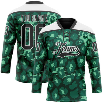 Custom Green Black-White 3D Pattern Leopard Print Hockey Lace Neck Jersey