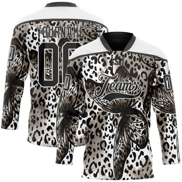 Custom White Black 3D Pattern Leopard Print Hockey Lace Neck Jersey
