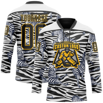 Custom White Black-Gold 3D Pattern Zebra Print Hockey Lace Neck Jersey