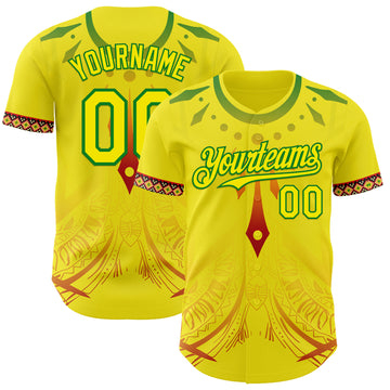 Custom Light Yellow Grass Green Red-Black 3D Pattern Design Black History Month Africa Tribal Authentic Baseball Jersey