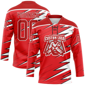 Custom Red Black-White 3D Pattern Lightning Hockey Lace Neck Jersey