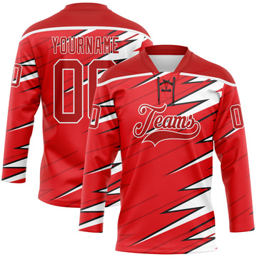Custom Red Black-White 3D Pattern Lightning Hockey Lace Neck Jersey
