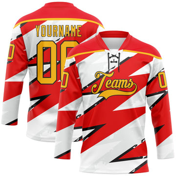 Custom Fire Red Gold Black-White 3D Pattern Lightning Hockey Lace Neck Jersey