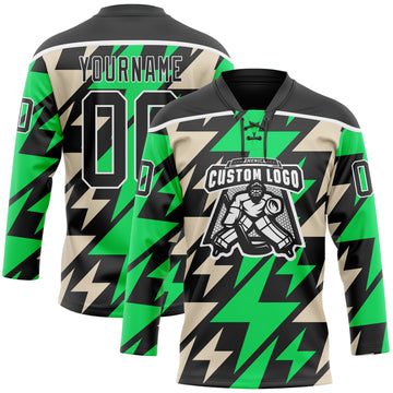 Custom Black Green Cream-White 3D Pattern Lightning Hockey Lace Neck Jersey