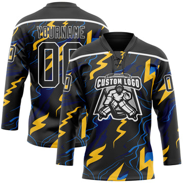 Custom Black Yellow Blue-White 3D Pattern Lightning Hockey Lace Neck Jersey